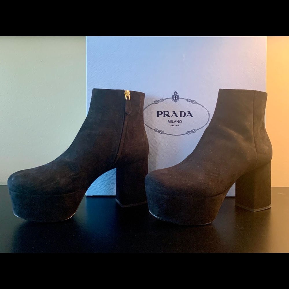 Prada Calzature Donna Black Suede Platform Booties